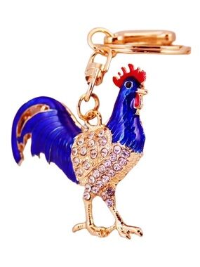 ROOSTER Keychain/ Bag Charm with White Crystals, Blue and Red Enamel